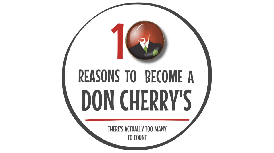 An illustration of a circle, the Don Cherry's logo inside and the words 10 Reaons to Become a Don Cherry's